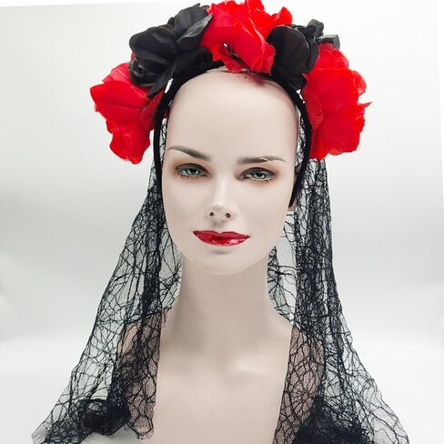 auwiyd عيد الهالوين الأزهار يوم الموتى عقال زهرة عقال مع الحجاب الدانتيل الأسود، حجاب الدانتيل العروس للنساء الفتيات زي عيد الهالوين ليوم الموتى حفلة تنكرية (أسود أحمر) in Kuwait