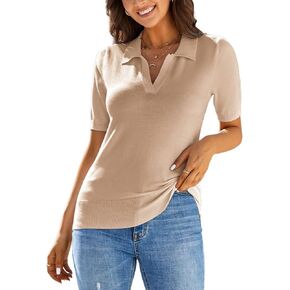 Kate Kasin Women Short Sleeve Polo Sweater V Neck Knitted Tops Casual Ribbed Shirt Loose Pullover Sweater in Kuwait