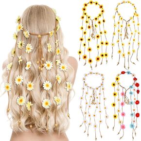 4 Pcs Flower Hippie Headband Floral Crown Summer Sunflower Headband Girls Adjust Flower Headpiece Hippie Headdresses for Women Costume Headwear Hair Accessories for Wedding Party