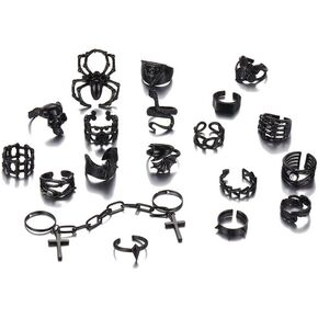 Asphire القوطية السوداء المفصل خواتم مجموعة 19pcs الشرير العنكبوت الخفافيش الجمجمة التنين الأفعى التراص البنصر الفرقة الهيب هوب زي حزب هدية الملحقات للنساء المراهقات الفتيات in Kuwait