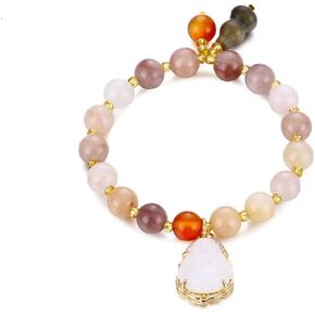 COLORFUL BLING Lucky Laughing Buddha Charm Pendant Strand Bracelet Jade Natural Stone Beaded Cubic Zirconia Elastic Stretch Bangle for Women Men Gemstone Amulet Protection Jewelry