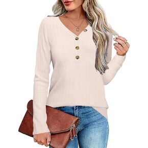 DB MOON Womens Sweater V Neck Long Sleeve Ribbed Button Knit Solid Color Soft Top