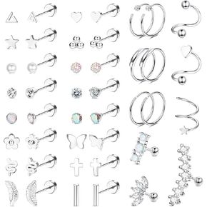 Fansilver 44 قطعة من الفولاذ المقاوم للصدأ أقراط للنساء والرجال تشيكوسلوفاكيا قلب نجمة القمر ترصيع اللولب الزنمة Daith أقراط ثقب المجوهرات الفضية مجموعة أقراط الظهر المسطحة in Kuwait