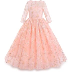 Flower Girls Vintage Floral Boho Lace 3/4 Sleeves Maxi Dress Wedding Princess Party Communion Evening Formal Dance Gown
