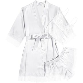MAXMODA Sexy Robes for Women 3 Piece Lace Lingerie Set Satin Bridal Pajama Silk V-neck Sleepwear