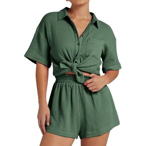 Kissonic Women's 2 Piece Outfits Track Suits Matching Sets Loungewear for Vacation Button Down Shirt and Shorts Set