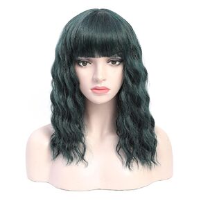 Blue Wavy Wig Short Bob Wig with Bangs Medium Length Color Wigs for Women Nature Hair Shoulder Length for Daily Party Use (16inch)