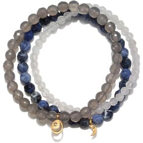 Satya Jewelry Women's Sodalite, Grey Agate, White Jade Gold Moon Stretch Bracelet Set ، مقاس واحد، أزرق in Kuwait