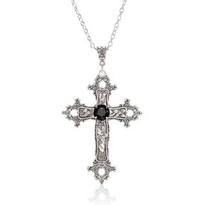 Gothic Cross Necklace Silver-Tone Pendant with Black or Red Glass Stone, on 25" Steel Chain, Cross Necklace for Women, Large Goth Silver Cross Necklaces for Man, Big y2k Necklaces, Halloween Jewelry