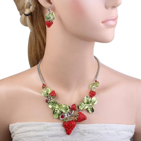 EVER FAITH Women's Austrian Crystal Sweet Strawberry Leaf Necklace Earrings Set in Kuwait