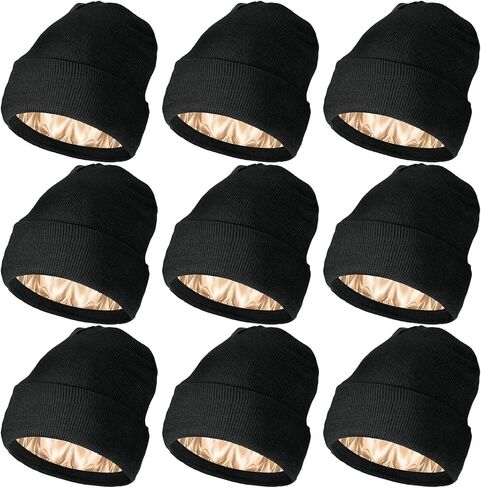 9 قطعة من الحرير اصطف الشتاء بيني الحرير بطانة القبعات الاكريليك محبوك ساعة قبعة مترهل قبعة قبعات لينة الدافئة الساتان اصطف القبعات in Kuwait