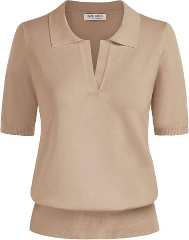 Kate Kasin Women Short Sleeve Polo Sweater V Neck Knitted Tops Casual Ribbed Shirt Loose Pullover Sweater in Kuwait