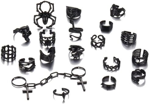Asphire Gothic Black Knuckle Rings Set 19pcs Punk Spider Bat Skull Dragon Snake Stacking Finger Ring Band Hip Hop Costume Party Gift Accessories for Women Teens Girls in Saudi Arabia