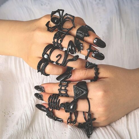 Asphire Gothic Black Knuckle Rings Set 19pcs Punk Spider Bat Skull Dragon Snake Stacking Finger Ring Band Hip Hop Costume Party Gift Accessories for Women Teens Girls in Saudi Arabia