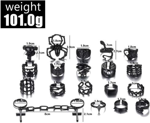 Asphire Gothic Black Knuckle Rings Set 19pcs Punk Spider Bat Skull Dragon Snake Stacking Finger Ring Band Hip Hop Costume Party Gift Accessories for Women Teens Girls in Saudi Arabia