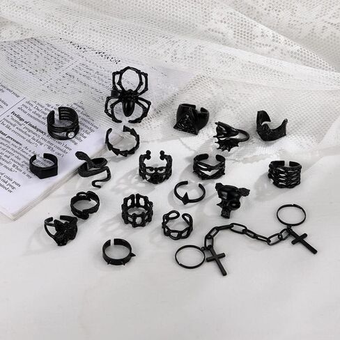 Asphire Gothic Black Knuckle Rings Set 19pcs Punk Spider Bat Skull Dragon Snake Stacking Finger Ring Band Hip Hop Costume Party Gift Accessories for Women Teens Girls in Saudi Arabia