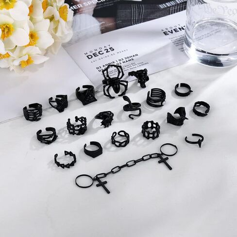 Asphire Gothic Black Knuckle Rings Set 19pcs Punk Spider Bat Skull Dragon Snake Stacking Finger Ring Band Hip Hop Costume Party Gift Accessories for Women Teens Girls in Saudi Arabia