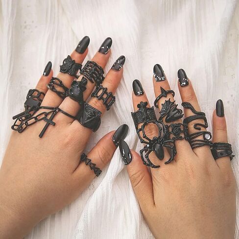 Asphire Gothic Black Knuckle Rings Set 19pcs Punk Spider Bat Skull Dragon Snake Stacking Finger Ring Band Hip Hop Costume Party Gift Accessories for Women Teens Girls in Saudi Arabia