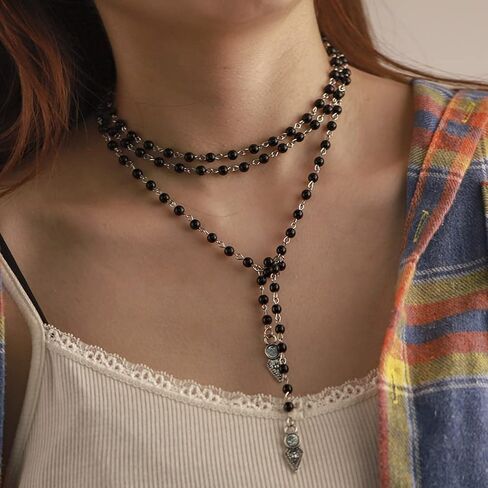 تشيني القوطية قلادة طويلة قلادة سوداء الطبقات التفاف حول القلائد حبة قلادة سلسلة الشاطئ قابل للتعديل مجوهرات للنساء والفتيات in Kuwait