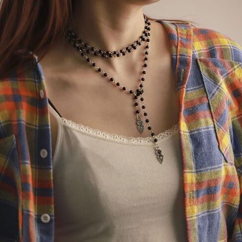 تشيني القوطية قلادة طويلة قلادة سوداء الطبقات التفاف حول القلائد حبة قلادة سلسلة الشاطئ قابل للتعديل مجوهرات للنساء والفتيات in Kuwait