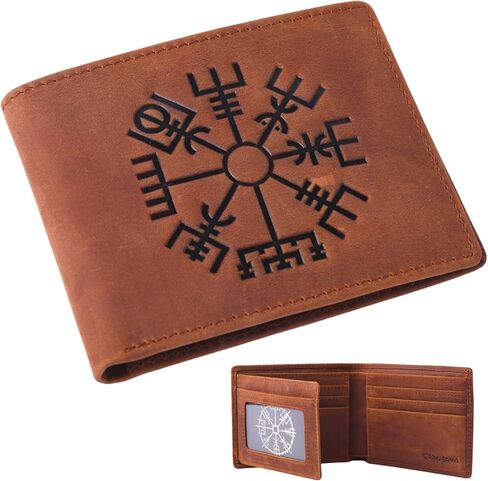 محفظة جلدية أصلية من Crazy Horse - محفظة Viking Vegvisir سوداء ثنائية الطي منقوشة - محفظة جلدية بتصميم بوصلة رونيك تحجب RFID للحماية، تناسب ما يصل إلى 10 بطاقات (Vegvisir Brown) in Kuwait