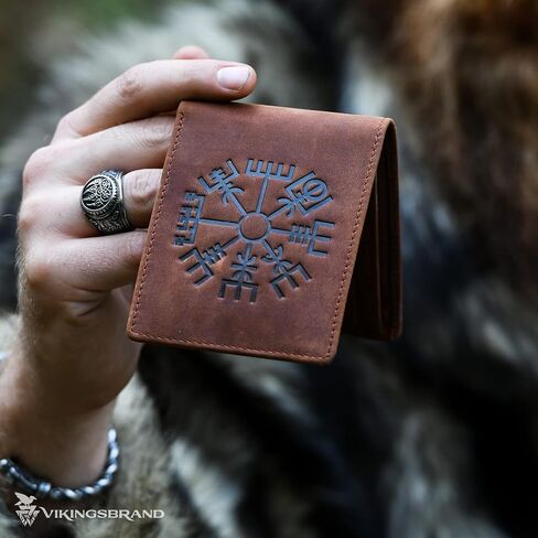 محفظة جلدية أصلية من Crazy Horse - محفظة Viking Vegvisir سوداء ثنائية الطي منقوشة - محفظة جلدية بتصميم بوصلة رونيك تحجب RFID للحماية، تناسب ما يصل إلى 10 بطاقات (Vegvisir Brown) in Kuwait