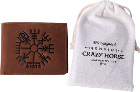 محفظة جلدية أصلية من Crazy Horse - محفظة Viking Vegvisir سوداء ثنائية الطي منقوشة - محفظة جلدية بتصميم بوصلة رونيك تحجب RFID للحماية، تناسب ما يصل إلى 10 بطاقات (Vegvisir Brown) in Kuwait