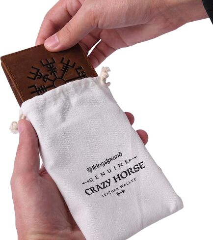 محفظة جلدية أصلية من Crazy Horse - محفظة Viking Vegvisir سوداء ثنائية الطي منقوشة - محفظة جلدية بتصميم بوصلة رونيك تحجب RFID للحماية، تناسب ما يصل إلى 10 بطاقات (Vegvisir Brown) in Kuwait