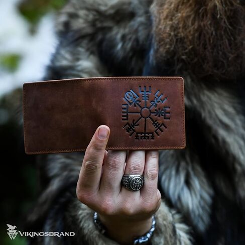 محفظة جلدية أصلية من Crazy Horse - محفظة Viking Vegvisir سوداء ثنائية الطي منقوشة - محفظة جلدية بتصميم بوصلة رونيك تحجب RFID للحماية، تناسب ما يصل إلى 10 بطاقات (Vegvisir Brown) in Kuwait