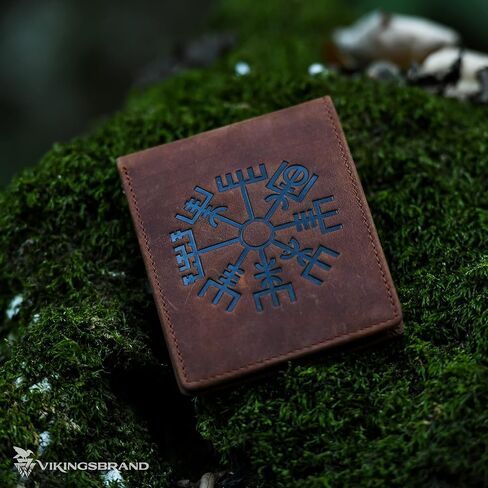 محفظة جلدية أصلية من Crazy Horse - محفظة Viking Vegvisir سوداء ثنائية الطي منقوشة - محفظة جلدية بتصميم بوصلة رونيك تحجب RFID للحماية، تناسب ما يصل إلى 10 بطاقات (Vegvisir Brown) in Kuwait