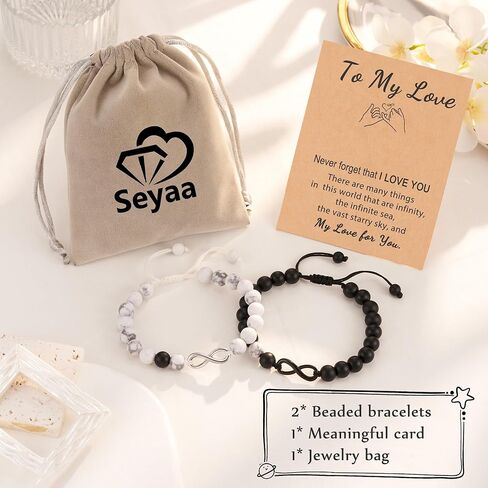 Seyaa هدايا الأزواج مطابقة الأساور Howlite والأسود ماتي العقيق إنفينيتي أساور للأزواج صديقها صديقة عاشق in Kuwait