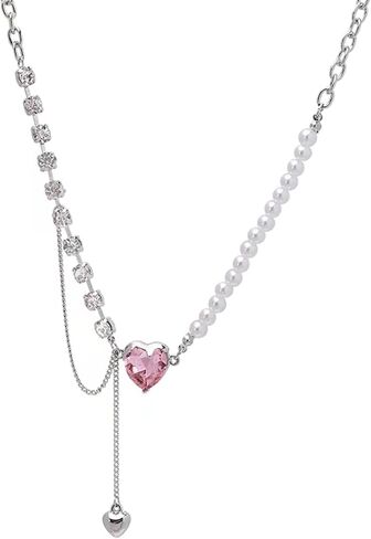 Buyongwant Irregular Heart Necklace Y2k Pink Zircon Pearl Diamond Women's Fashion Pendant Hot Girl Fashion 17.32 Inch in Kuwait