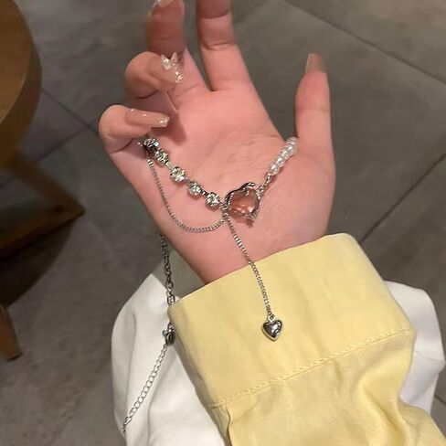 Buyongwant Irregular Heart Necklace Y2k Pink Zircon Pearl Diamond Women's Fashion Pendant Hot Girl Fashion 17.32 Inch in Kuwait