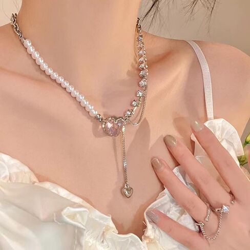 Buyongwant Irregular Heart Necklace Y2k Pink Zircon Pearl Diamond Women's Fashion Pendant Hot Girl Fashion 17.32 Inch in Kuwait