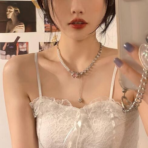Buyongwant Irregular Heart Necklace Y2k Pink Zircon Pearl Diamond Women's Fashion Pendant Hot Girl Fashion 17.32 Inch in Kuwait