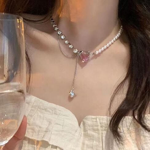 Buyongwant Irregular Heart Necklace Y2k Pink Zircon Pearl Diamond Women's Fashion Pendant Hot Girl Fashion 17.32 Inch in Kuwait