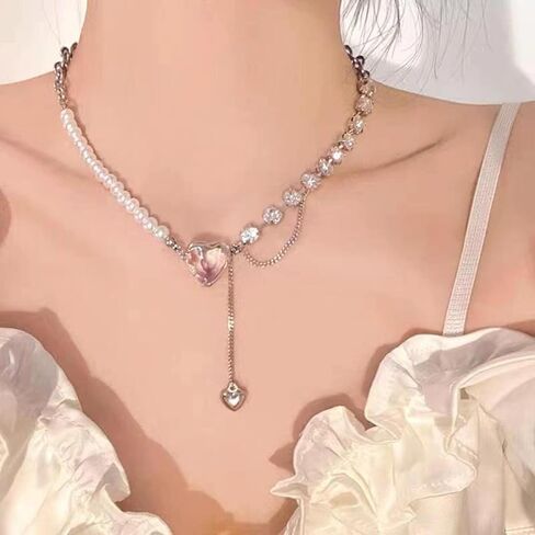 Buyongwant Irregular Heart Necklace Y2k Pink Zircon Pearl Diamond Women's Fashion Pendant Hot Girl Fashion 17.32 Inch in Kuwait