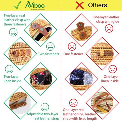 حقائب كروس من Aviboo منسوجة يدويًا من قش الروطان للنساء مقاس 8 بوصات مع حزام من الجلد الطبيعي قابل للتعديل بطبقتين مع سوار إضافي من الروطان in Kuwait