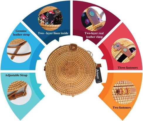 حقائب كروس من Aviboo منسوجة يدويًا من قش الروطان للنساء مقاس 8 بوصات مع حزام من الجلد الطبيعي قابل للتعديل بطبقتين مع سوار إضافي من الروطان in Kuwait