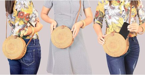 حقائب كروس من Aviboo منسوجة يدويًا من قش الروطان للنساء مقاس 8 بوصات مع حزام من الجلد الطبيعي قابل للتعديل بطبقتين مع سوار إضافي من الروطان in Kuwait