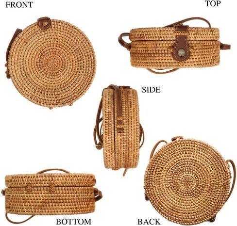 حقائب كروس من Aviboo منسوجة يدويًا من قش الروطان للنساء مقاس 8 بوصات مع حزام من الجلد الطبيعي قابل للتعديل بطبقتين مع سوار إضافي من الروطان in Kuwait