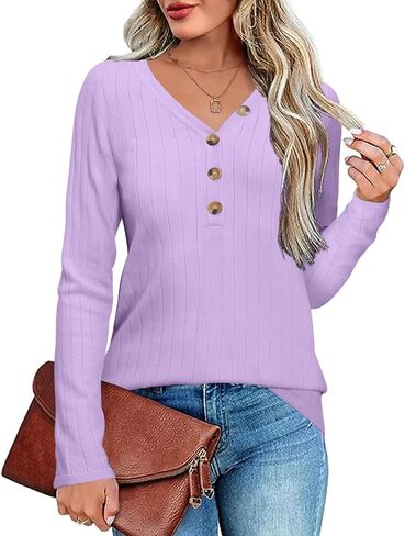 DB MOON Womens Sweater V Neck Long Sleeve Ribbed Button Knit Solid Color Soft Top in Kuwait