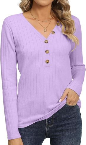 DB MOON Womens Sweater V Neck Long Sleeve Ribbed Button Knit Solid Color Soft Top in Kuwait