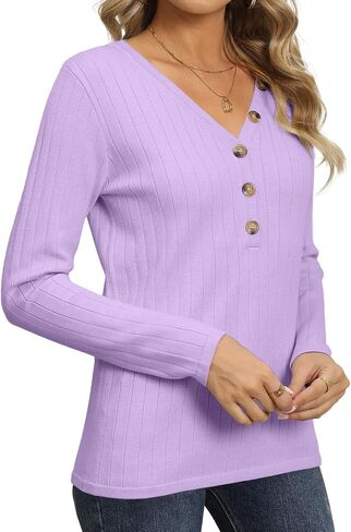 DB MOON Womens Sweater V Neck Long Sleeve Ribbed Button Knit Solid Color Soft Top in Kuwait