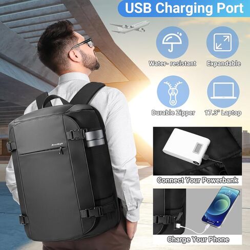 حقيبة ظهر للسفر للرجال 45 لتر، حقيبة ظهر محمولة على ظهر TSA معتمدة من الطيران، حقيبة ظهر للكمبيوتر المحمول للأعمال مقاومة للماء عالية التقنية للرجال والنساء تناسب 17.3 بوصة مع USB، حقيبة كبيرة مضادة للسرقة لعطلة نهاية الأسبوع في صالة الألعاب الرياضية in Kuwait
