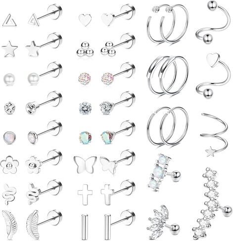 Fansilver 44 قطعة من الفولاذ المقاوم للصدأ أقراط للنساء والرجال تشيكوسلوفاكيا قلب نجمة القمر ترصيع اللولب الزنمة Daith أقراط ثقب المجوهرات الفضية مجموعة أقراط الظهر المسطحة in Kuwait