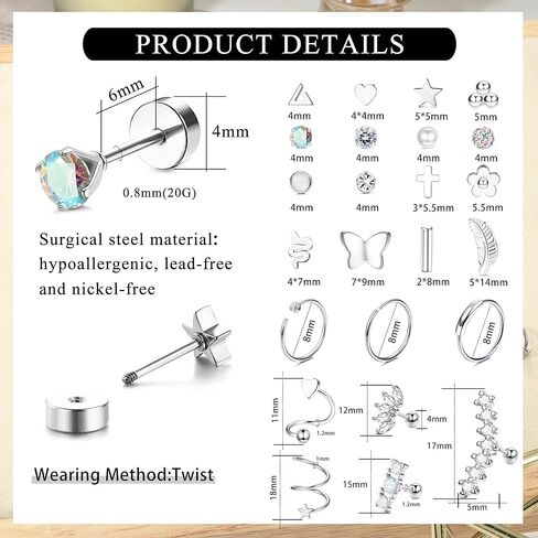 Fansilver 44 قطعة من الفولاذ المقاوم للصدأ أقراط للنساء والرجال تشيكوسلوفاكيا قلب نجمة القمر ترصيع اللولب الزنمة Daith أقراط ثقب المجوهرات الفضية مجموعة أقراط الظهر المسطحة in Kuwait