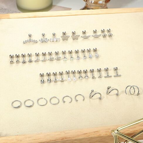 Fansilver 44 قطعة من الفولاذ المقاوم للصدأ أقراط للنساء والرجال تشيكوسلوفاكيا قلب نجمة القمر ترصيع اللولب الزنمة Daith أقراط ثقب المجوهرات الفضية مجموعة أقراط الظهر المسطحة in Kuwait