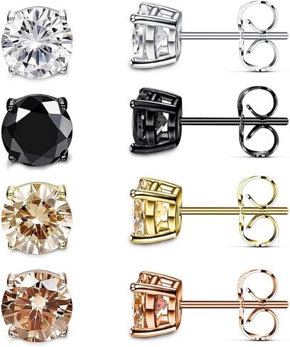 Pack of Earrings for Women Men Rainbow Cubic Zirconia Simulated Diamond 18K Gold Plated Studs Set Hypoallergenic for Sensitive Ears Piercing 7mm in Kuwait