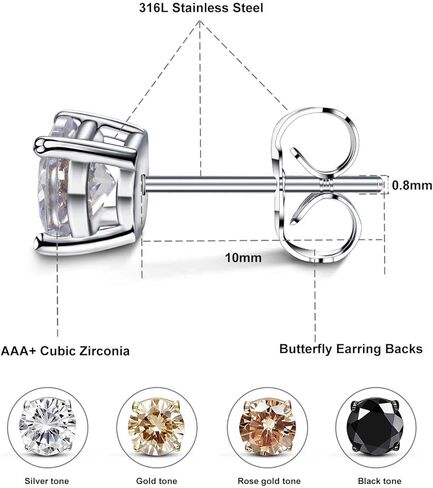 Pack of Earrings for Women Men Rainbow Cubic Zirconia Simulated Diamond 18K Gold Plated Studs Set Hypoallergenic for Sensitive Ears Piercing 7mm in Kuwait